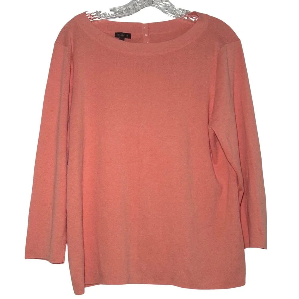 Talbots Womens XL Coral Pink Boat Neck 3/4 Sleeve Button Back Knit Sweater Top